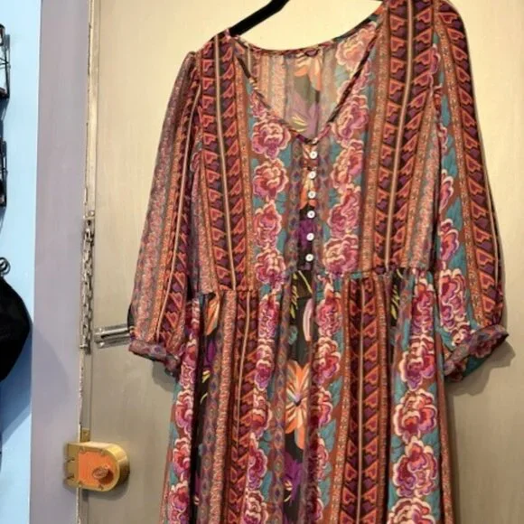 Boho Retro Chiffon Long Sleeve Geometric Floral Maxi Dresses - Picture 13 of 16